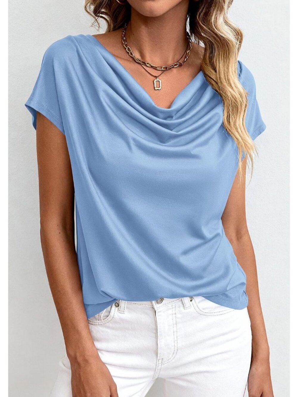 Women's Blouses Dressy Light Blue Casual Summer Cowl Neck Short Sleeves Tops - Picture 4 of 6